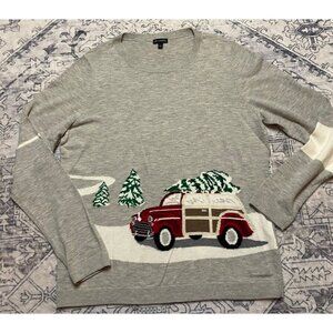 Talbots Gray Holiday Sweater Womens Size Large Red Truck Christmas Lambswool